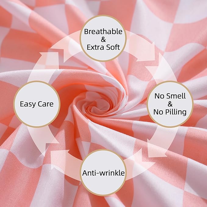 Queen Size Sheet Set 4 Piece -Microfiber Soft Durable Bedding Sheet Set,Deep Pocket,Stain,Fade & Wrinkle Resistant (Plaid Coral&White)