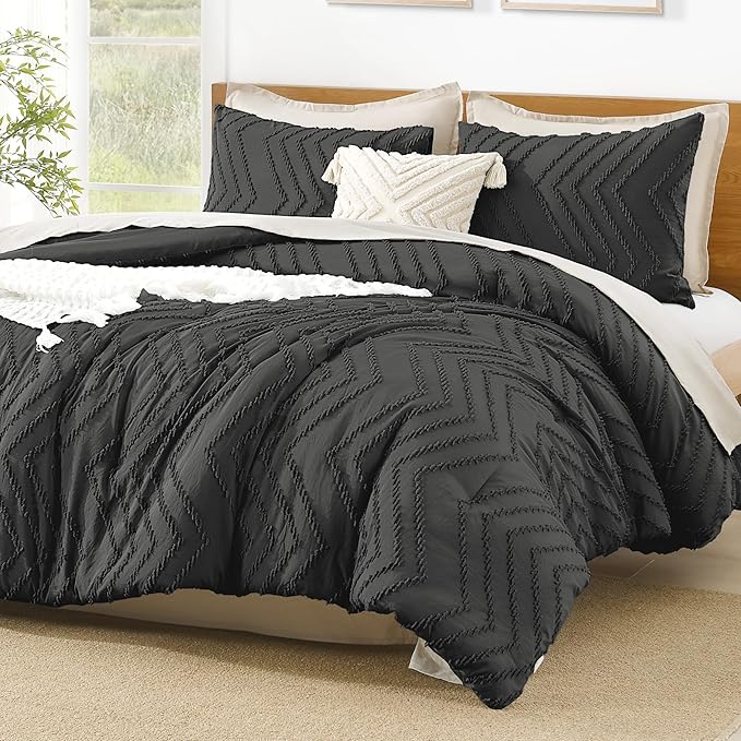 Litanika Comforter Oversized King Size Set Dark Grey, 3 Pieces Chevron Tufted Solid Bedding Comforter Sets, Fluffy Bed Set