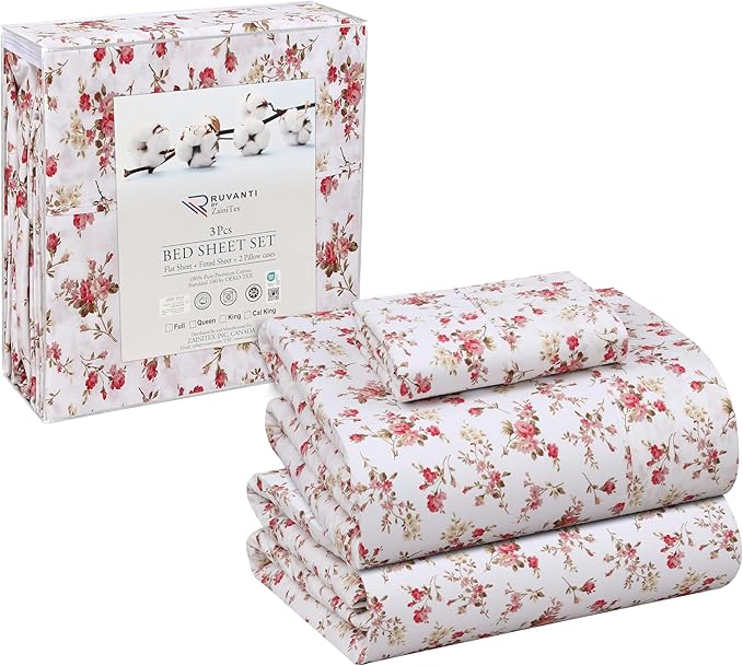 RUVANTI 100% Cotton Sheets – Twin Size Percale Bedding, Cooling & Breathable Floral Design, Durable with a Crisp, Soft & Comfortable Feel, 16" Deep Pocket, 3-Piece Set, Bouquet