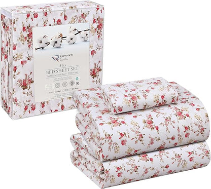 RUVANTI 100% Cotton Sheets – Twin Size Percale Bedding, Cooling & Breathable Floral Design, Durable with a Crisp, Soft & Comfortable Feel, 16" Deep Pocket, 3-Piece Set, Bouquet