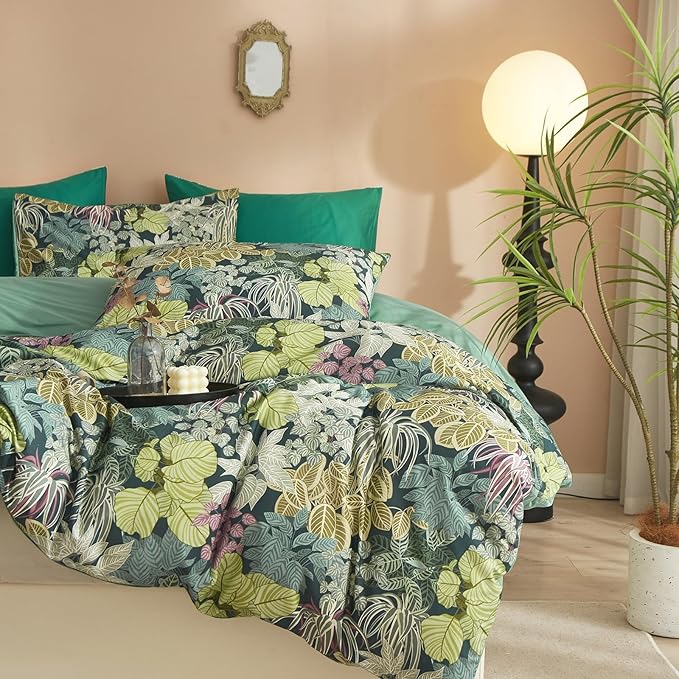 HighBuy Green Leaves Comforter Set Queen Size Topical Botanical Aesthetic Bedding Comforter Fluffy Boho Chic Cottagecore Bedding Set Ultra Soft Queen Bed Comforter Set,All Season