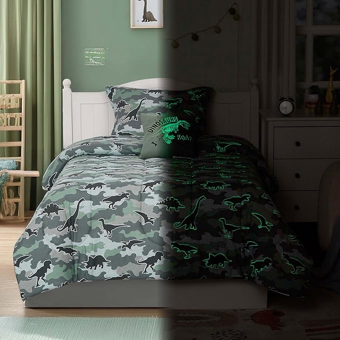 Twin Comforter Set for Boys-3 Pieces Dinosaur Glow in the Dark Twin Bedding Sets for Kids,1 Comforter,1 Sham and 1 Decor Pillow