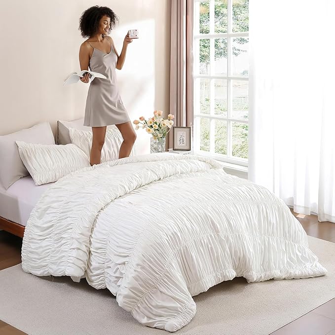 weigelia Cream Comforter Set Full – Textured Ruched Cream Ivory Full Comforter Set, Soft White Aesthetic Bedding with 2 Pillowcases, 3 Piece Modern Organic Bedroom Comforter Set