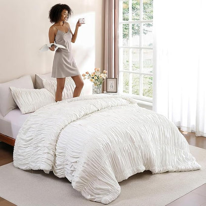 weigelia Cream Comforter Set Full – Textured Ruched Cream Ivory Full Comforter Set, Soft White Aesthetic Bedding with 2 Pillowcases, 3 Piece Modern Organic Bedroom Comforter Set