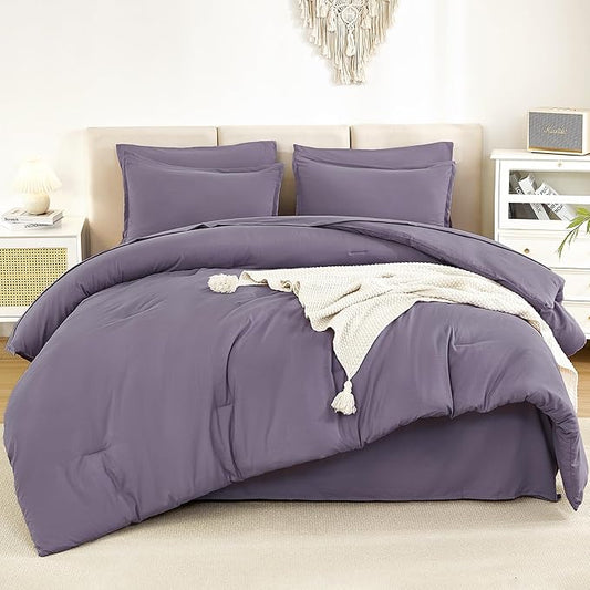 Litanika King Size Comforter Set Grey Purple - 7 Pieces Bed in a Bag King Bedding Comforter Sets, Solid Lightweight Bed Set with Comforter, Sheets, Pillowcases & Shams