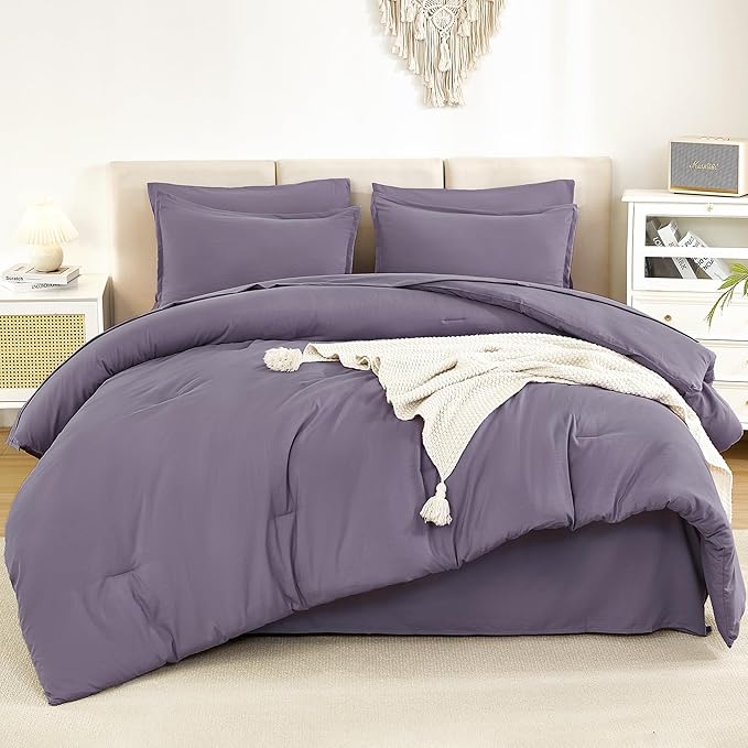 Litanika Full Size Comforter Sets Grey Purple - 7 Pieces Bed in a Bag Full Bedding Comforter Sets, Solid Lightweight Bed Set with Comforter, Sheets, Pillowcases & Shams