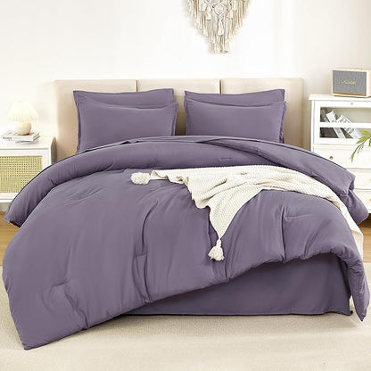 Litanika Full Size Comforter Sets Grey Purple - 7 Pieces Bed in a Bag Full Bedding Comforter Sets, Solid Lightweight Bed Set with Comforter, Sheets, Pillowcases & Shams