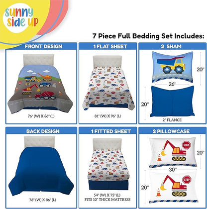Sunny Side Up Construction Zone Full Comforter Set - 7 Piece Kids Bedding Includes Comforter, Sheets & Pillow Cover - Super Soft Vehicles Microfiber Bed Set