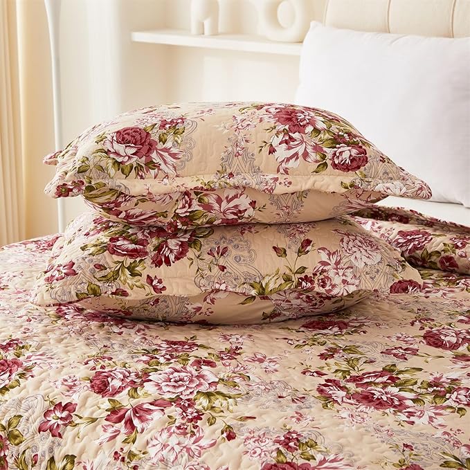 Cmfshape Summer Floral Queen Quilted Bedspread,Romantic Red Quilt Set,Reversible Stitched Bedding Cover All Season,Soft Lightweight Coverlet with Pillow Cases (Red Rose, Queen(90"x90"))