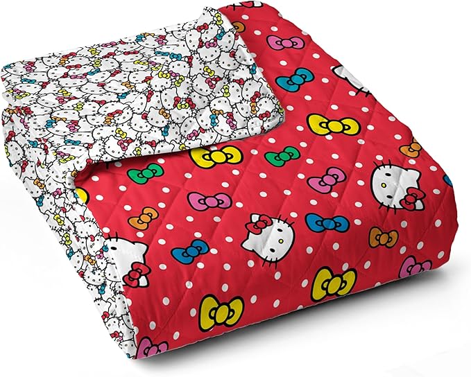 Northwest Sanrio Hello Kitty Rainbow Bows Quilted Throw, Comfy Throw, Adults Boys Girls, Soft Lightweight for Chair or Couch, 60 x 80 inches