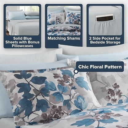 Madison Park Twin XL Comforter Set with Sheets, Floral Bed in A Bag Soft Microfiber Comforter for Twin XL Size Bed, All Season Lightweight Comforters Twin XL Bed Set, Alexis, 6 Piece Blue