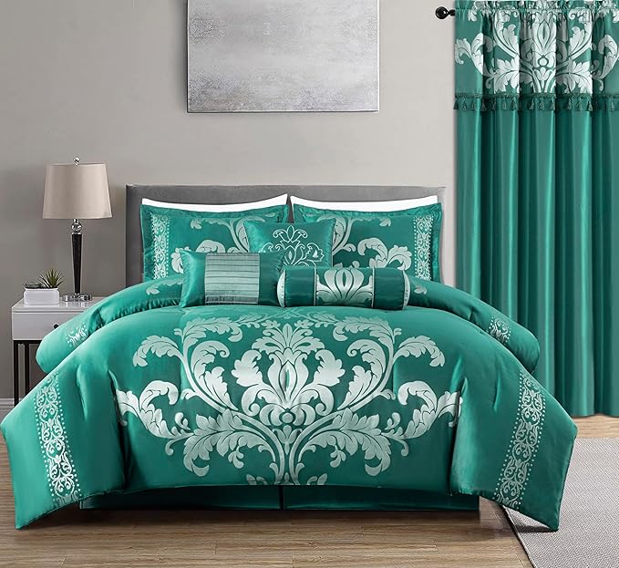 Chezmoi Collection 7-Piece Jacquard Floral Comforter Set (Queen, Green/Silver)