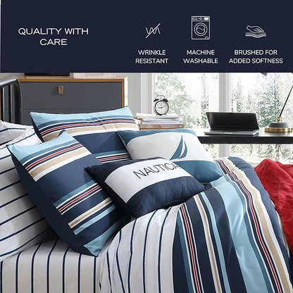 Nautica - King Comforter Set, Ultra Soft Bedding with a Woven Textured Feel, Medium Weight for Year Round Comfort, 5 Piece Bed Set with Matching Pillowcases & Bonus Throw Pillows (Colton Blue)
