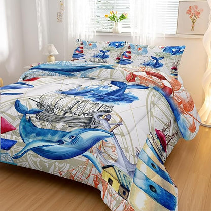 Nautical Whale Comforter Set King,Blue Whale Ocean Lighthouse 3 Pieces Bedding Set for Kids Boys Teens,Vintage Nautical Map Microfiber Lightweight Quilt Bedroom Decor with 2 Pillow Cases