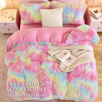 Andency Faux Fur Tie-Dyed Rainbow Comforter for Queen Size Bed, 3 Pieces Fluffy Fuzzy Plush Bedding Comforter Set (1 Shaggy Velvet Comforter & 2 Pillowcases)