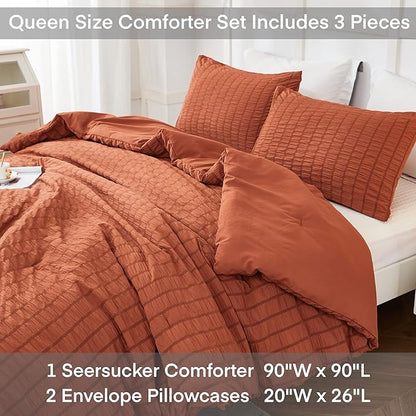 AveLom Terracotta Seersucker Queen Comforter Set (90x90 inches), 3 Pieces - 100% Soft Washed Microfiber Lightweight Comforter with 2 Pillowcases, All Season Down Alternative Comforter Set for Bedding