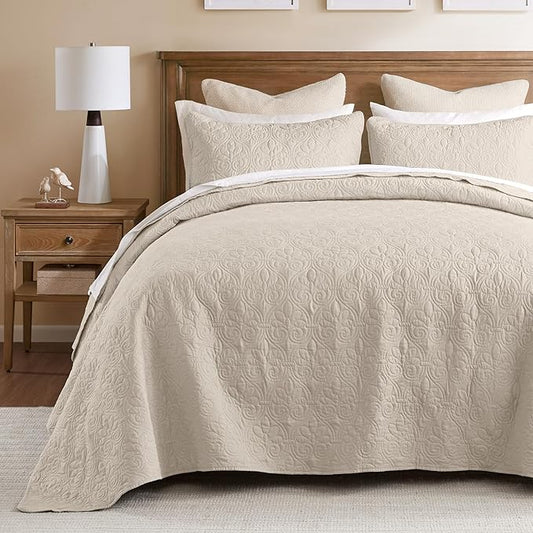 Madison Park Quebec Full Size Quilt Bedding Set - Ivory , Damask – 3 Piece Bedding Quilt Coverlets – Ultra Soft Microfiber Bed Quilts Quilted Coverlet