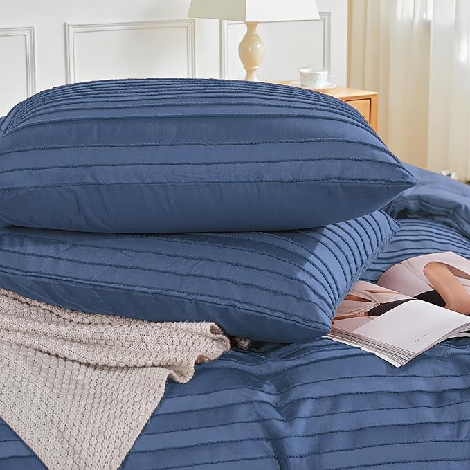 NEXHOME PRO Duvet Cover Full,3 Pieces Boho Tufted Duvet Cover Set, Soft and Lightweight 100% Washed Microfiber Comforter Cover Set for All Season(Sea Blue,80 x 90)-No Comforter