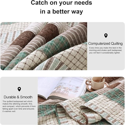 PANGUSHAN 100% Cotton Quilt Set Queen Size, Patchwork Queen Quilt Bedding Set Bedspreads, Farmhouse Lightweight Comforter Reversible Quilt, Green/Brown/Beige Bed Spread for All Season, 3 Pieces