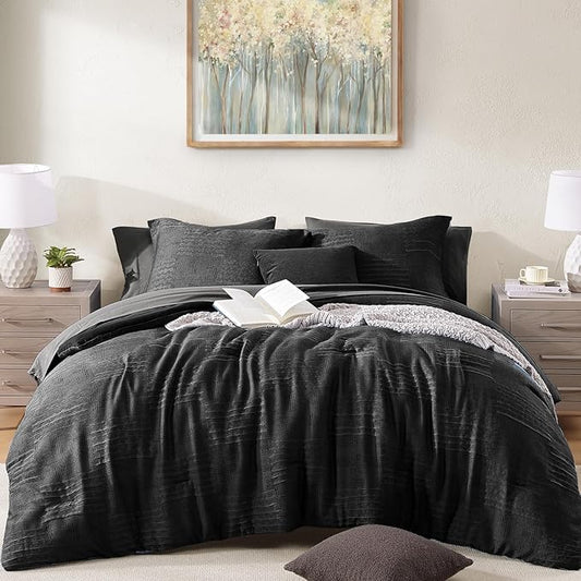 MaiRêve King Comforter Set Black, Textured Design Crinkle Bedding Sets 7 Pieces, All Season Bed in A Bag with Comforter, Sheets, Pillowcases & Shams