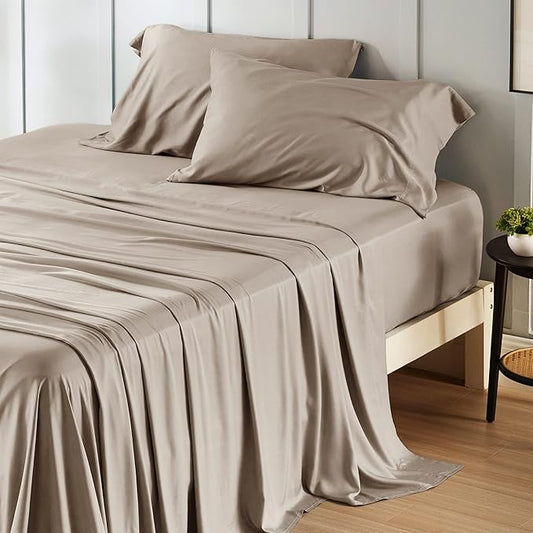 Bedsure King Size Sheets Set, Cooling Sheets for Hot Sleepers, Rayon Derived from Bamboo, PureWoven, Breathable & Soft, Deep Pocket Up to 16 Inches, Hotel Luxury Silky Bedding, Simply Taupe
