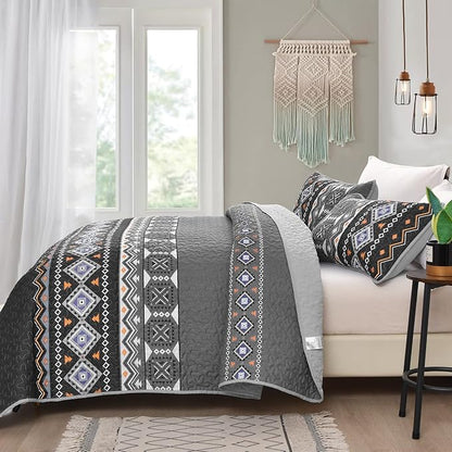 WONGS BEDDING Boho Quilt Set Queen,Black Grey Bedspread Coverlet Set with 2 Pillowcase,Lightweight Geometry Printed Bohemian Bedding Set 96"×90"