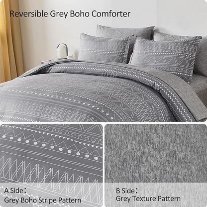 WONGS BEDDING Grey Boho Comforter Set Queen Size,Dark Grey Bed in a Bag 7 Pieces Texture Stripe Comforter Reversible Soft Microfiber Bedding Set for All Season with Sheets, Pillowcases & Shams