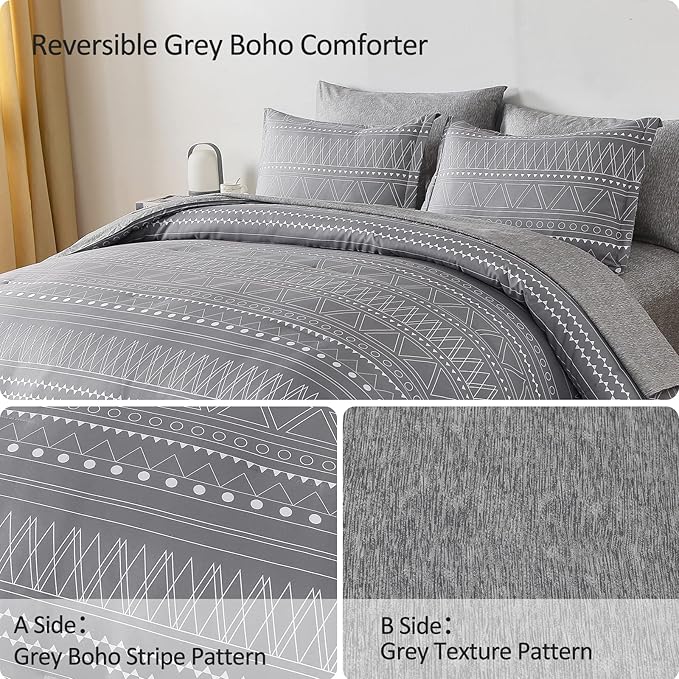 WONGS BEDDING 7 Pieces Grey Boho Comforter Set King Size,Dark Grey Texture Geometric Bed in a Bag Comforter Reversible Soft Microfiber Bedding Set with Pillowcases & Shams,Flat Sheet,Fitted Sheet
