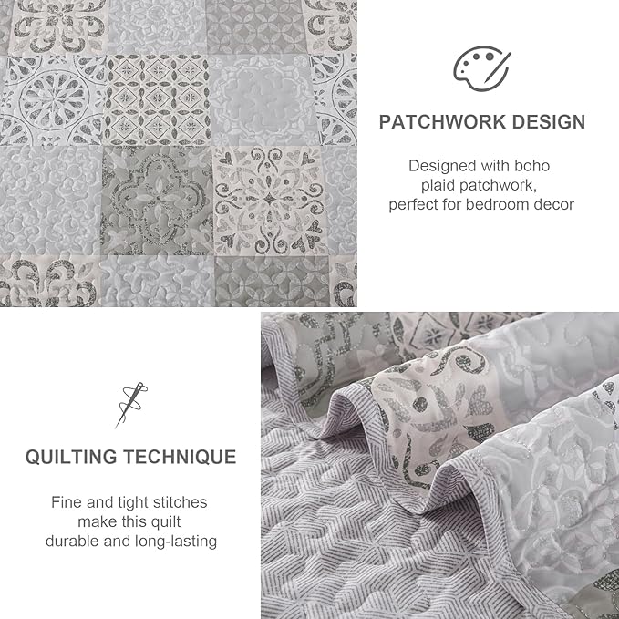 Dobuyly Queen Size Quilt Set Boho Grey Beige Plaid Patchwork Bedspreads Coverlet Set, 3 Pieces Reversible Lightweight Microfiber Neutral Quilt Bedding Set for All Seasons 96"x90"