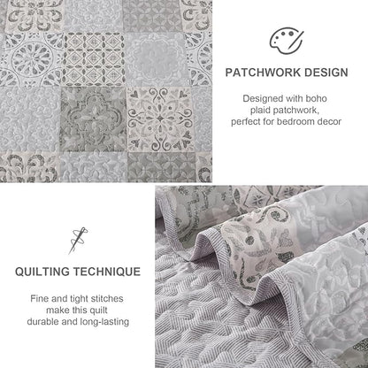 Dobuyly Queen Size Quilt Set Boho Grey Beige Plaid Patchwork Bedspreads Coverlet Set, 3 Pieces Reversible Lightweight Microfiber Neutral Quilt Bedding Set for All Seasons 96"x90"