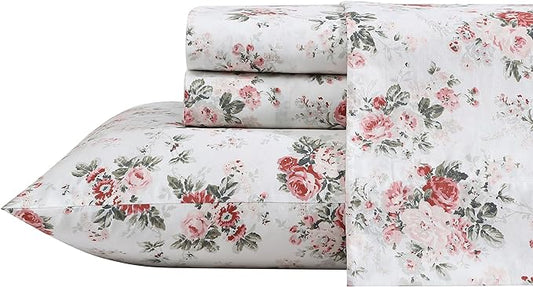 Laura Ashley - Full Sheets, Cotton Percale Bedding Set, Lightweight & Breathable Home Decor (Ashfield Pink, Full)