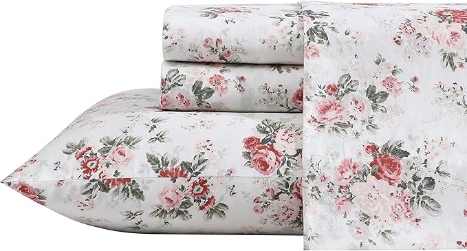 Laura Ashley - Twin Sheets, Cotton Percale Bedding Set, Lightweight & Breathable Home Decor (Ashfield Pink, Twin)