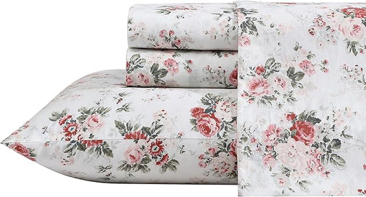 Laura Ashley - Twin Sheets, Cotton Percale Bedding Set, Lightweight & Breathable Home Decor (Ashfield Pink, Twin)