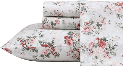Laura Ashley - Queen Sheets, Cotton Percale Bedding Set, Lightweight & Breathable Home Decor (Ashfield Pink, Queen)