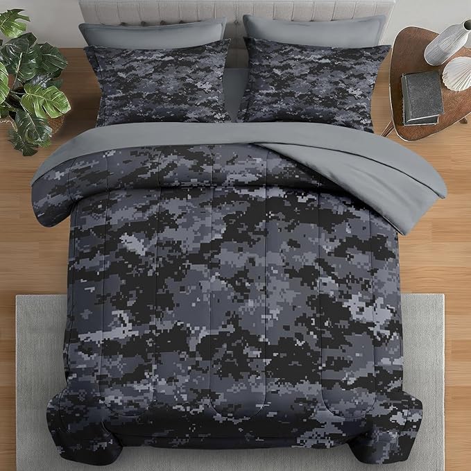 Comforter Set King Size, Camouflage Camo Military 7 Pcs Bedding for Kids and Adults, Gray Black Bed Sheet Sets with Fitted Sheet 2 Pillowcases & 2 Shams for Bedroom Bed Decor