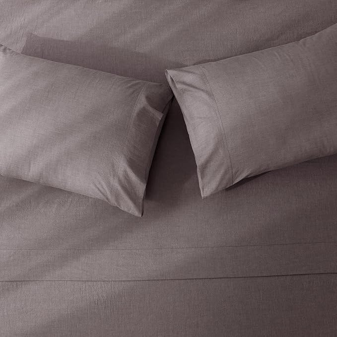 JIYUAN King Size Sheet Set, 4-Piece - 100% Washed Cotton, Linen-Like Soft & Breathable, Includes Deep Pocket Fitted & Flat Sheet with 2 Pillowcases, Hotel Quality, Heathered Mauve Brown