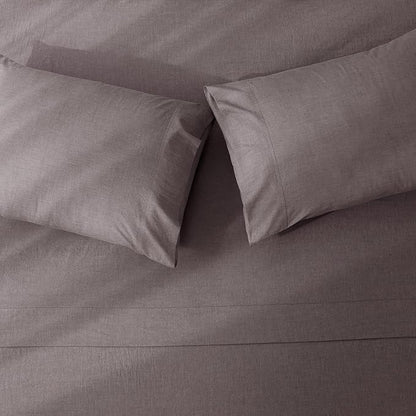 JIYUAN King Size Sheet Set, 4-Piece - 100% Washed Cotton, Linen-Like Soft & Breathable, Includes Deep Pocket Fitted & Flat Sheet with 2 Pillowcases, Hotel Quality, Heathered Mauve Brown
