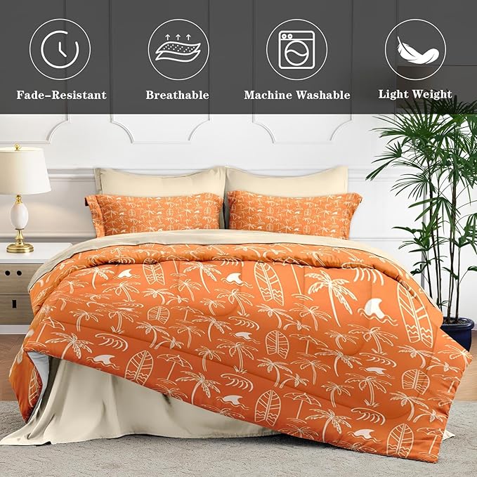 7 Pcs King Size Comforter Set with 2 Pillowcases & 2 Shams, Boho Palm Tree Beach Bedding for Kids and Adults, Summer Hawaiian Tropical Leaf Bed in a Bag with Flat Fitted Sheet