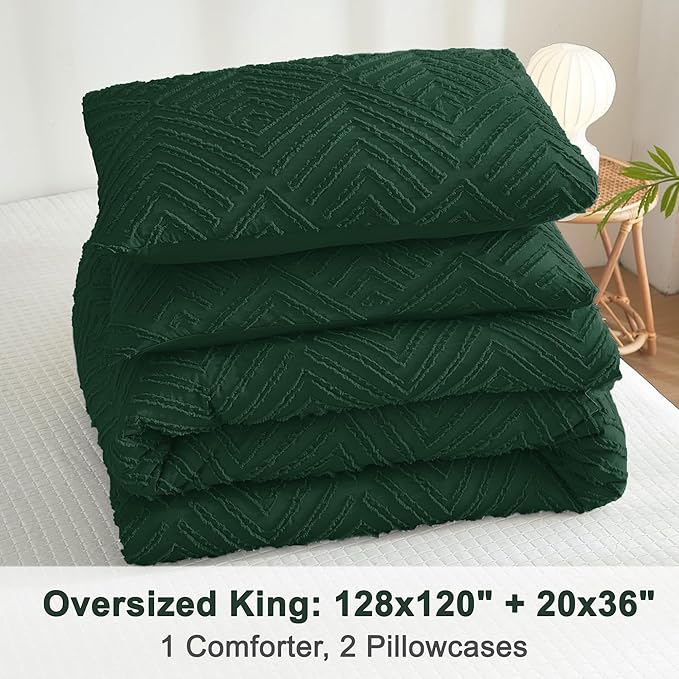 Litanika Oversized King Comforter Set Emerald Green, 3 Pieces Dark Green Tufted Boho Farmhouse Bedding Comforter Set, Lightweight Fluffy All Season Comforter Set (120x98In Comforter & 2 Pillowcases)