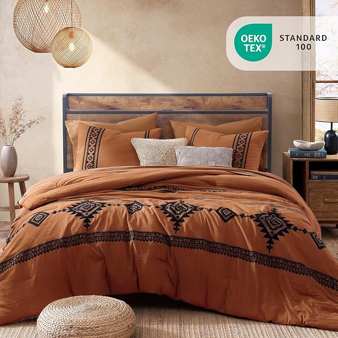MaiRêve Super King Comforter Set Burnt Orange, Embroidery Western Boho Bedding Set 7 Pieces, All Season Farmhouse Bed in A Bag Comforter Set with Sheets, Pillowcases & Shams