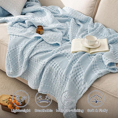 PHF 100% Cotton Waffle Weave Blanket Queen Size for Bed, Soft Lightweight & Breathable for Spring and Summer, All-Season Comfort, Luxury Aesthetic Blanket for Home Decor, 90"x90", Sky Blue