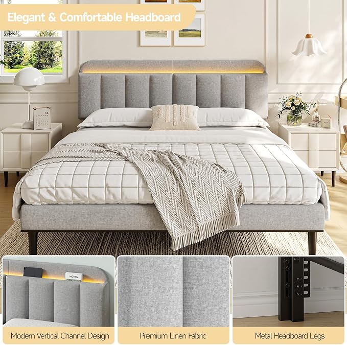 Adjustable Headboard for King/California King Size Bed Frame, Linen Fabric Bed Headboard with Storage & RGB LED Light in Modern Vertical Channel Design, Light Grey