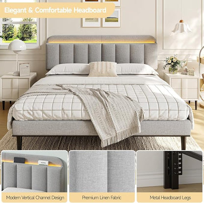 Adjustable Headboard for King/California King Size Bed Frame, Linen Fabric Bed Headboard with Storage & RGB LED Light in Modern Vertical Channel Design, Light Grey