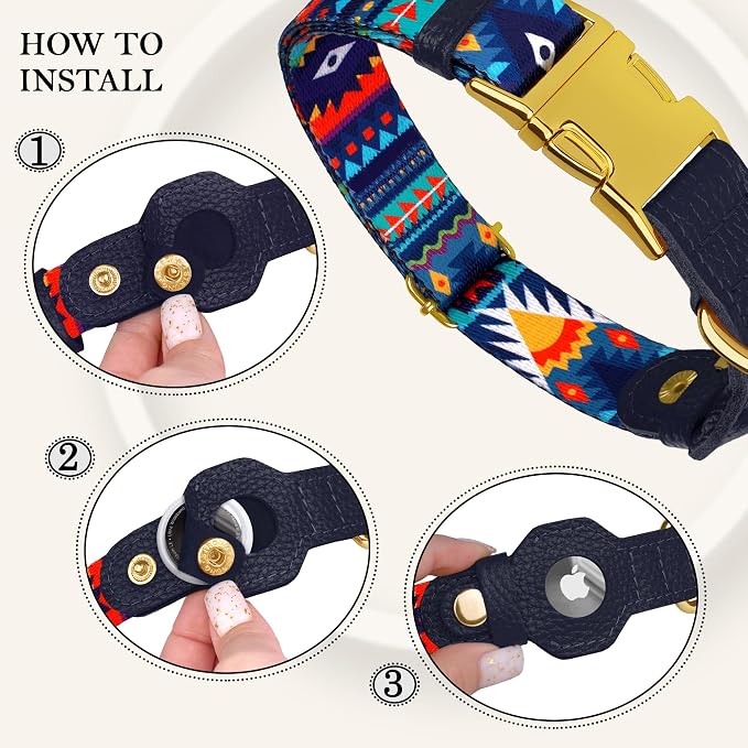 AirTag Dog Collar for Small Medium Large Breed - Adjustable Cute Pattern Dog Collar with Airtag Holder - Soft Leather Tracker GPS Apple Air Tag Pet Collars (Large, 17"-21" Neck Fit, Navajo)