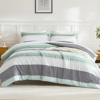 Litanika Queen Comforter Set Sage Green - 3 Pieces Lightweight Quilt Bedding Comforter Sets, Light Green White Colorblock Stripe Fluffy Bed Set, All Season Down Alternative