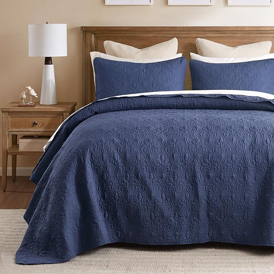 Madison Park Quebec Reversible Quilt Set Damask Design, Double Sided Stitching All Season, Lightweight Bedspread Bedding Set, Matching Sham, Navy, Twin(81"x110") 2 Piece