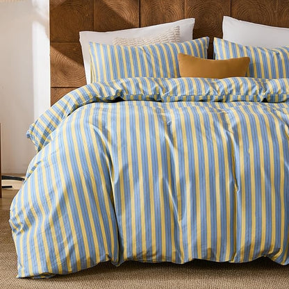 Merryword 100% Cotton Duvet Cover Set King Size, Blue & Yellow Striped Bedding Set with Zipper Closure and 8 Corner Ties, Modern Coastal Style Comforter Cover Set 3 Pieces