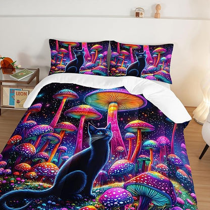 Cute Black Cat Bedding Set King Size,Kids Cartoon Cat Mushroom Flash Comforter Set for Kids Girls Boys Room Decor,Boho Style Botanical Bedding Sets with 2 Pillowcases.
