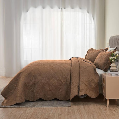 Kingnex Oversized King Bedspreads 128x120 for Extra Wide Tall King or Cal King Bed Ultrasonic Quilted Coverlet Set 3 Piece Include 1 Quilt 2 Pillowcases Coffee