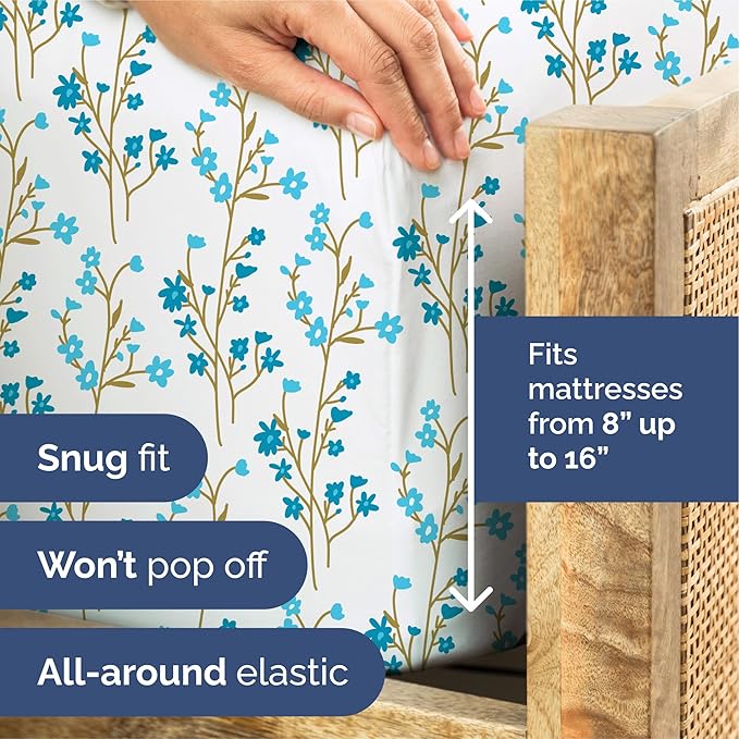Floral Sheets - Blue Floral Bed Sheet Set - 1 Flat, 1 Fitted & 2 Pillowcases w/ Deep Pockets - Comfy, Wrinkle & Fade Free - Boho Botanical Bedding - Soft, Breathable and Cooling - Cal King Size Set
